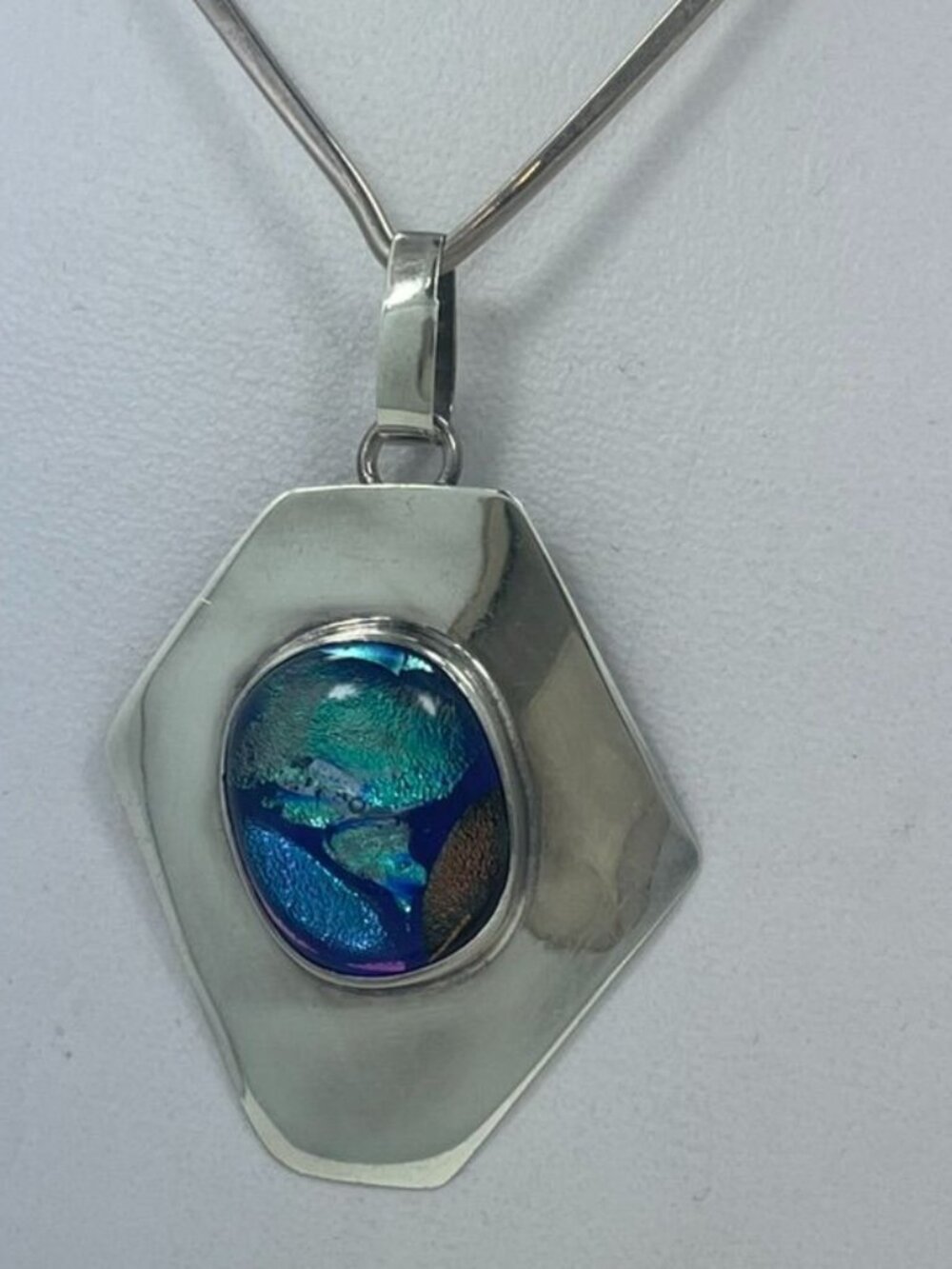 Sterling Silver 925 Dichroic Glass Pendant Y2K Statement Necklace - Picture 2 of 6
